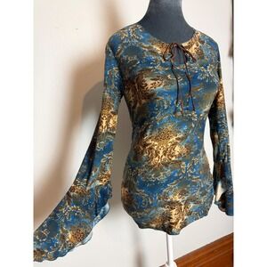 Obe Vintage Damask Print Bell Sleeve Keyhole Tie Top witchy Whimsigoth steampunk